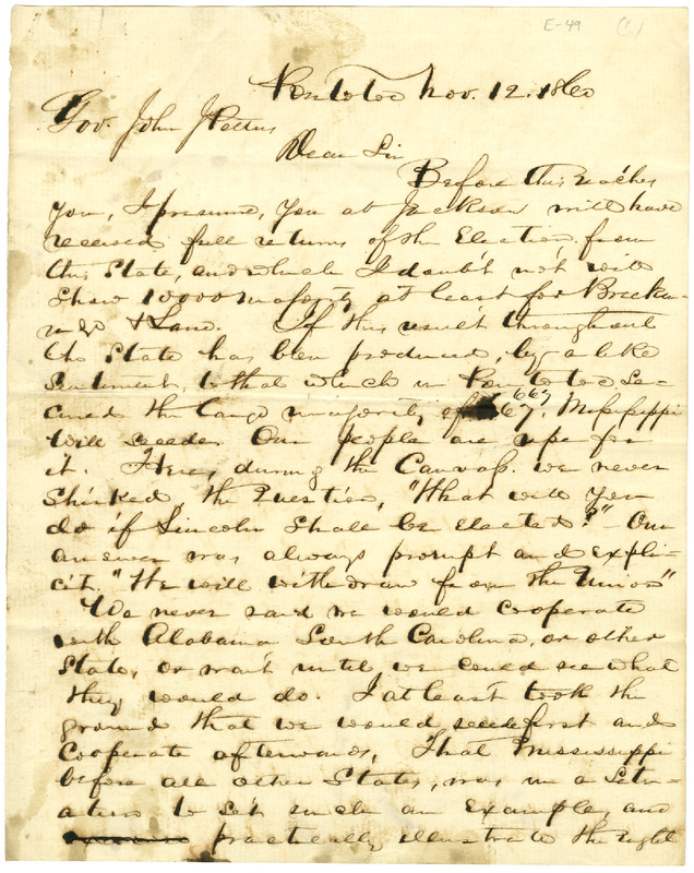 Letter from Charles D. Fontain to Mississippi Governor John J. Pettus I.png
