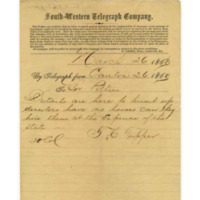 Telegram from General Tullius Cicero Tupper to Mississippi Governor John J. Pettus; March 26, 1863